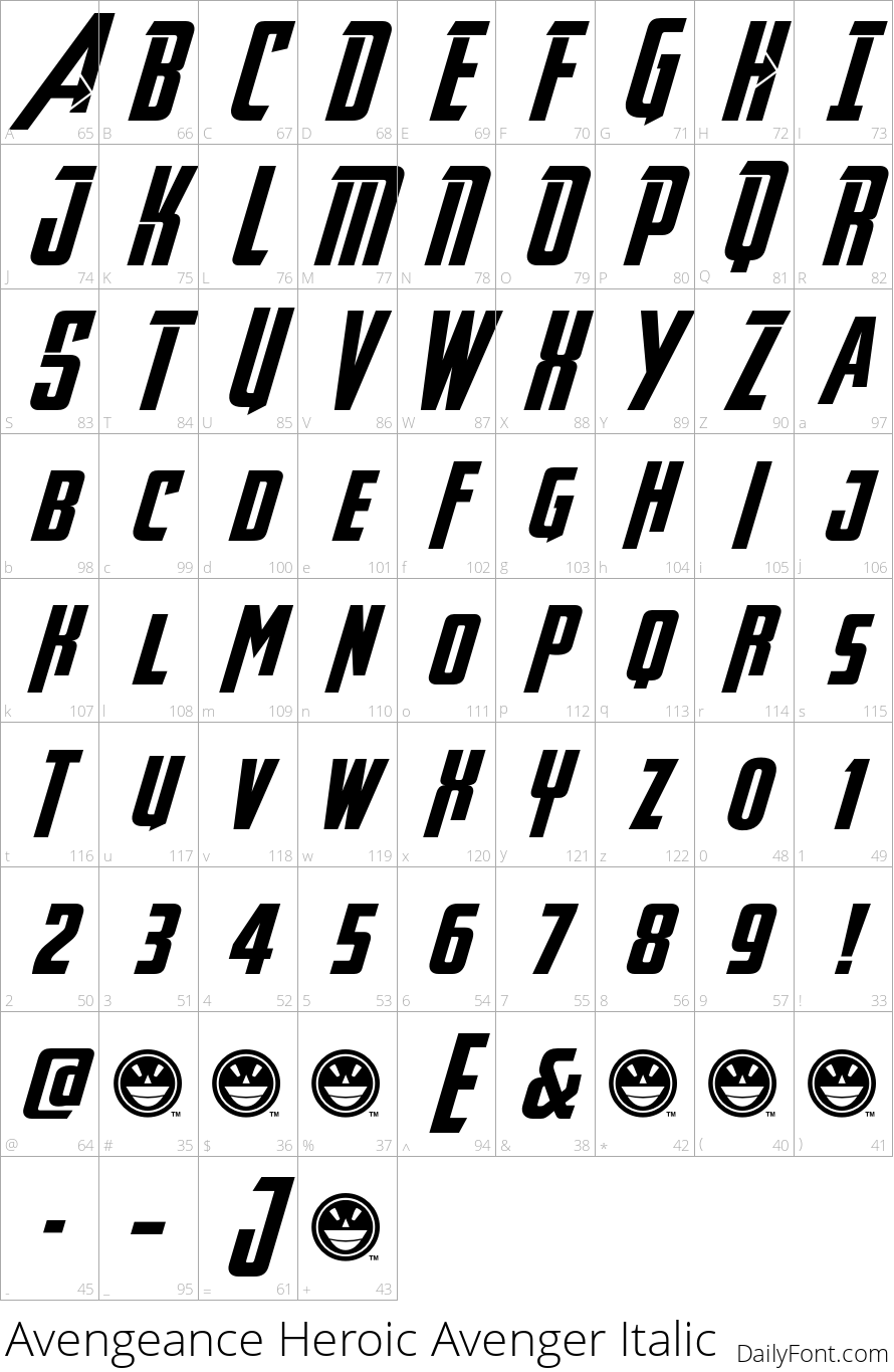 Avengeance Heroic Avenger Italic character map