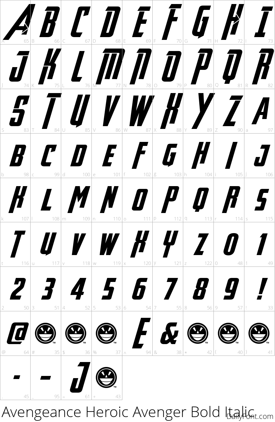 Avengeance Heroic Avenger Bold Italic character map