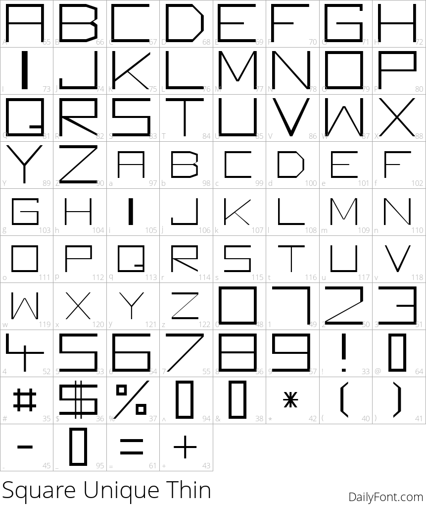 Square Unique Thin character map