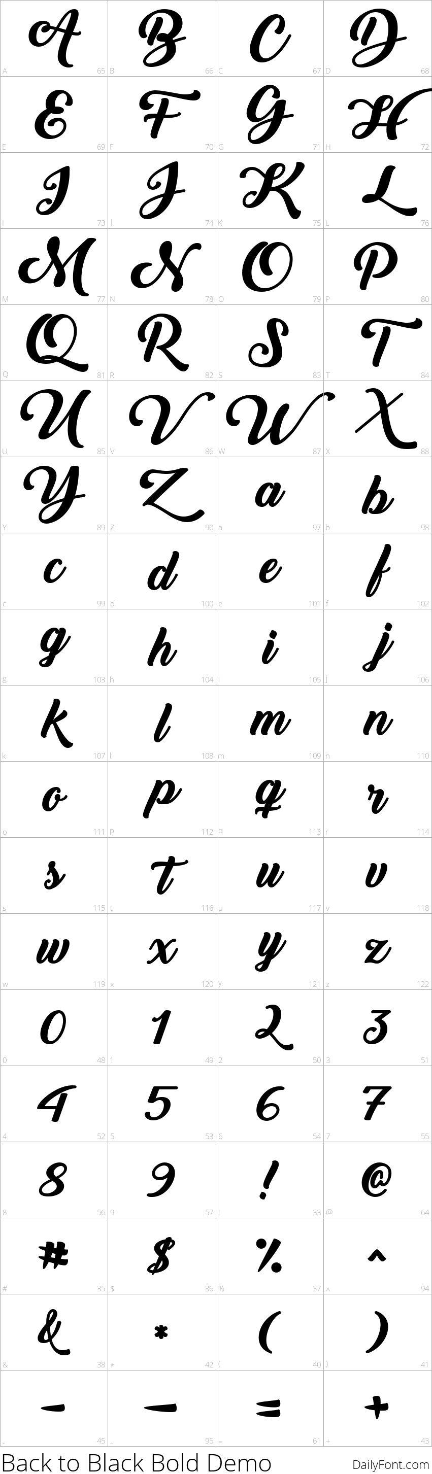 Back to Black Bold Demo character map