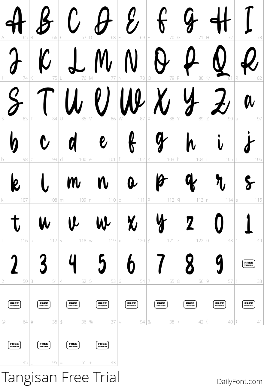 Tangisan Free Trial character map