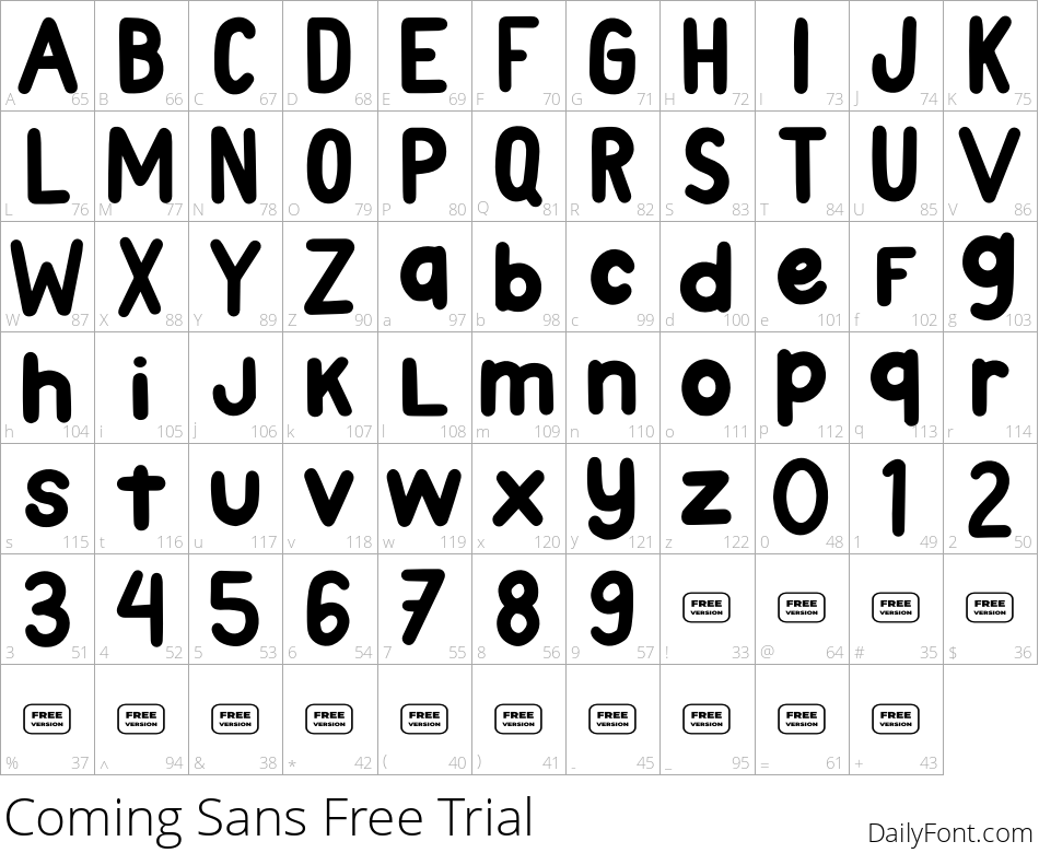 Coming Sans Free Trial character map