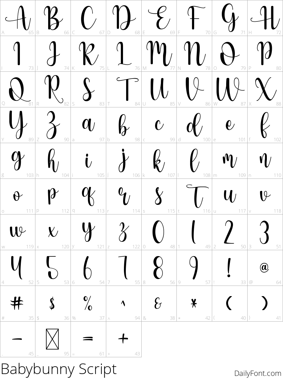 Babybunny Script character map