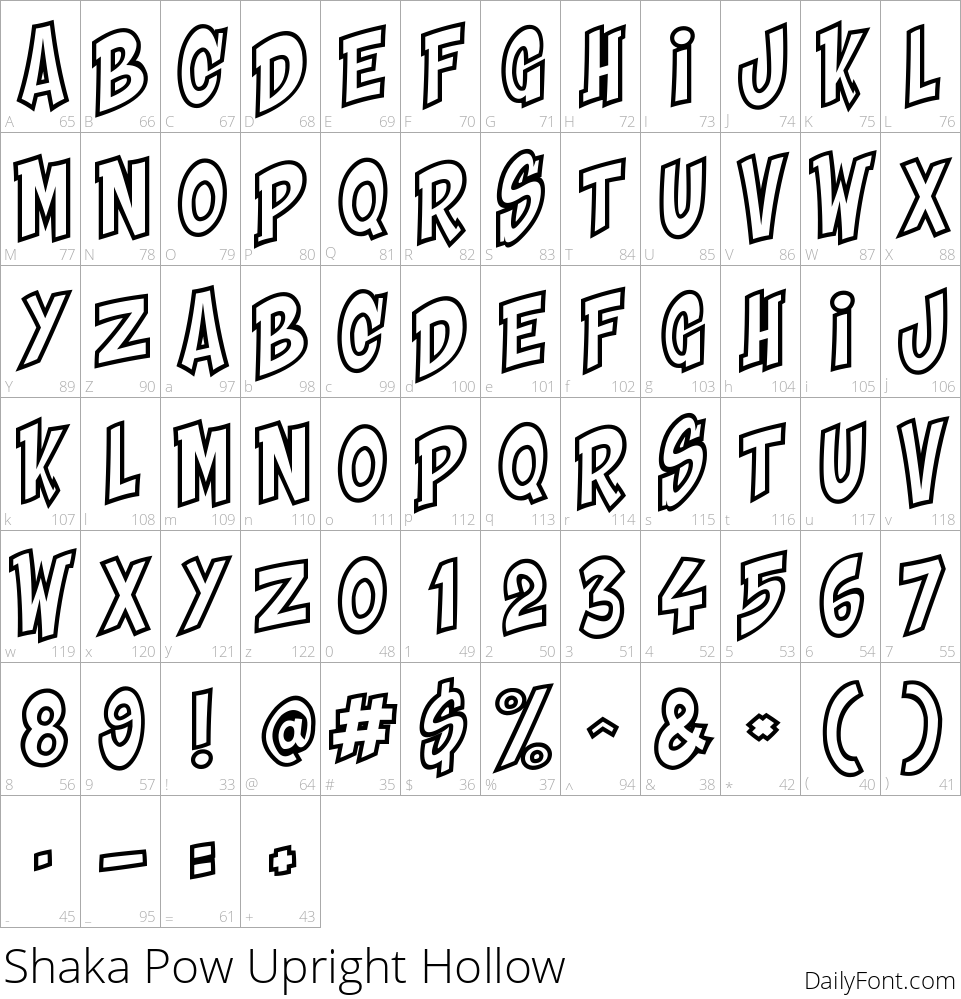 Shaka Pow Upright Hollow character map