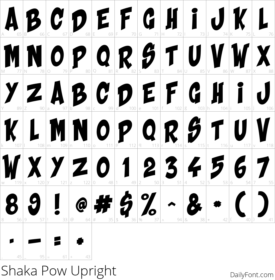 Shaka Pow Upright character map