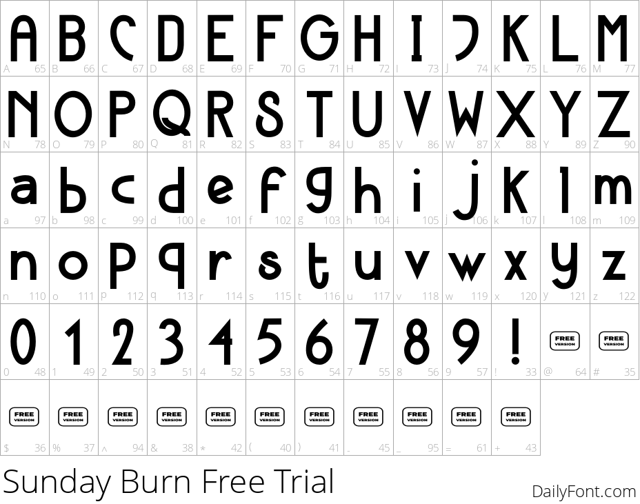 Sunday Burn Free Trial character map