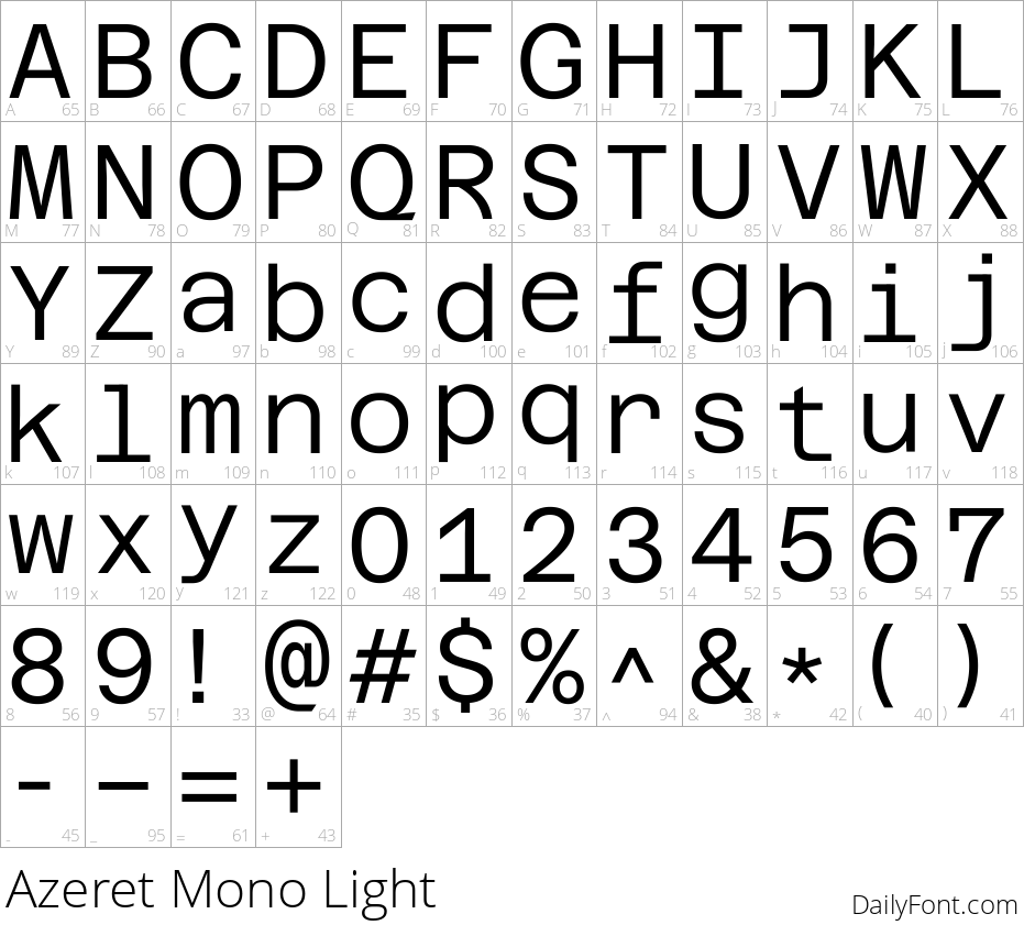 Azeret Mono Light character map