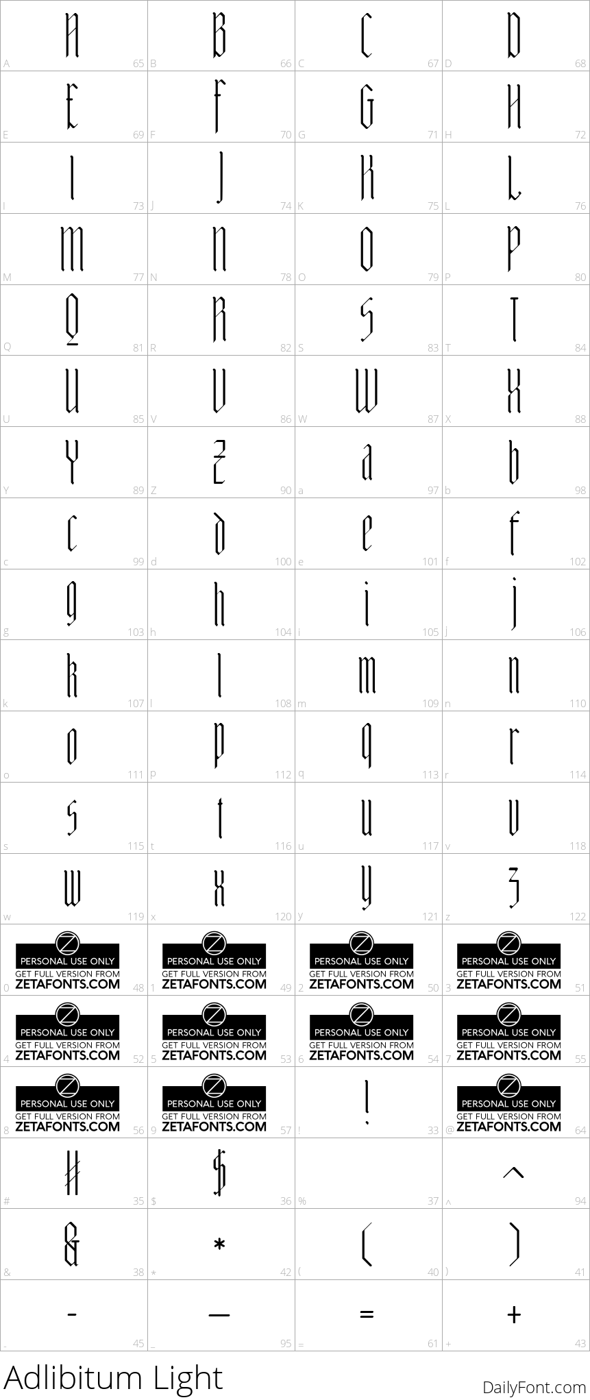 Adlibitum Light character map