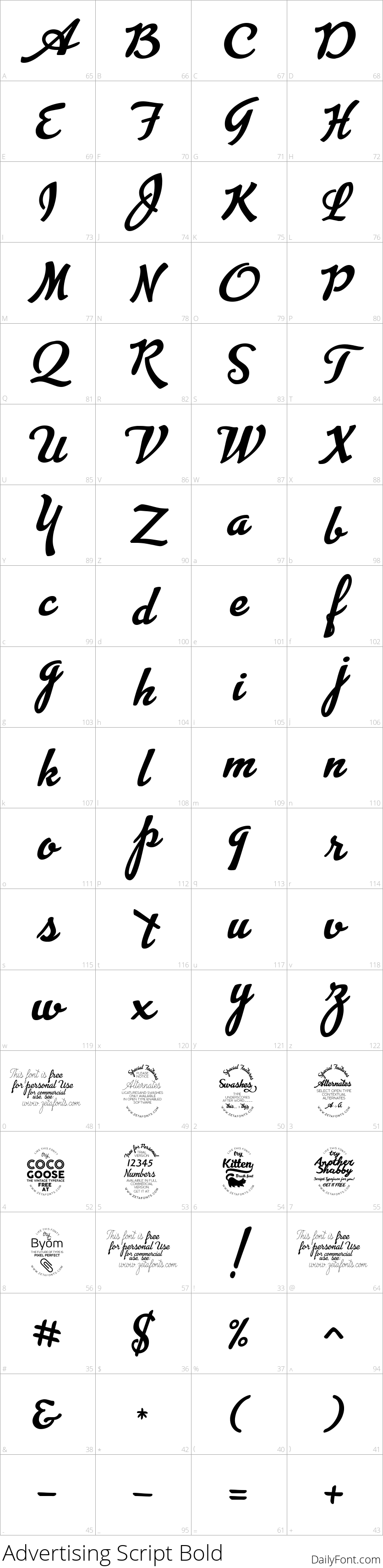 Advertising Script Bold character map
