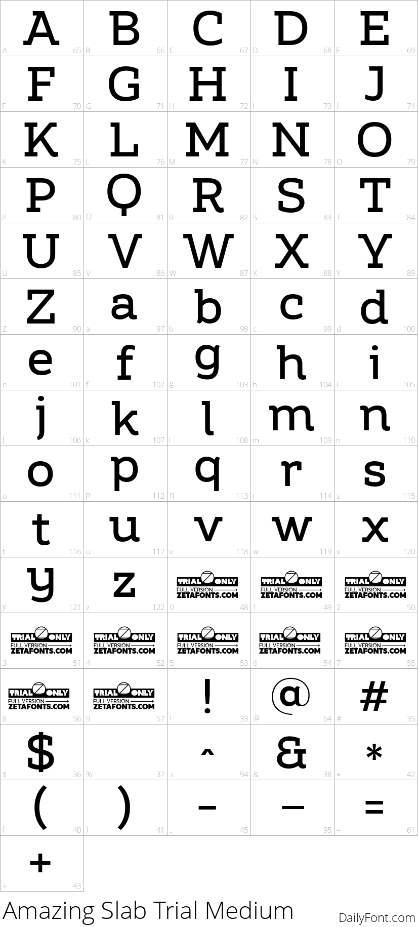 Amazing Slab Trial Medium character map