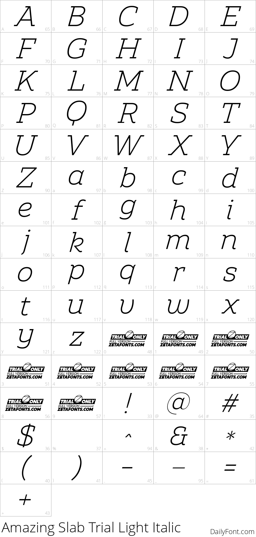 Amazing Slab Trial Light Italic character map