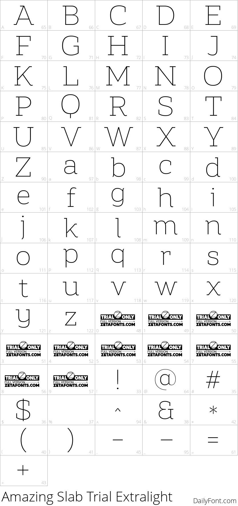 Amazing Slab Trial Extralight character map