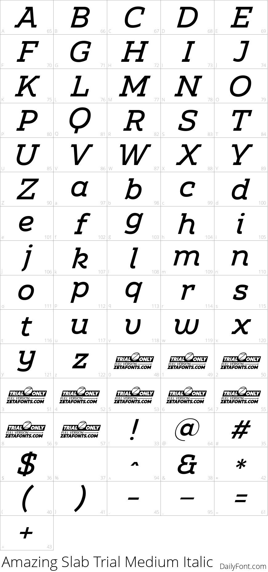 Amazing Slab Trial Medium Italic character map