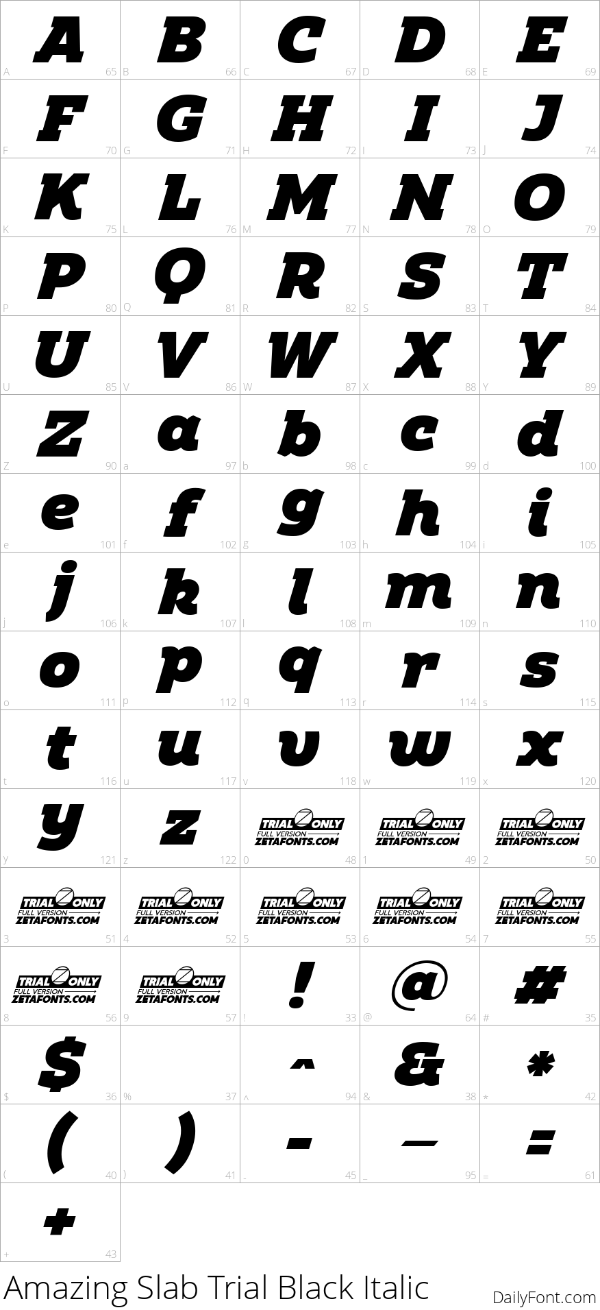 Amazing Slab Trial Black Italic character map