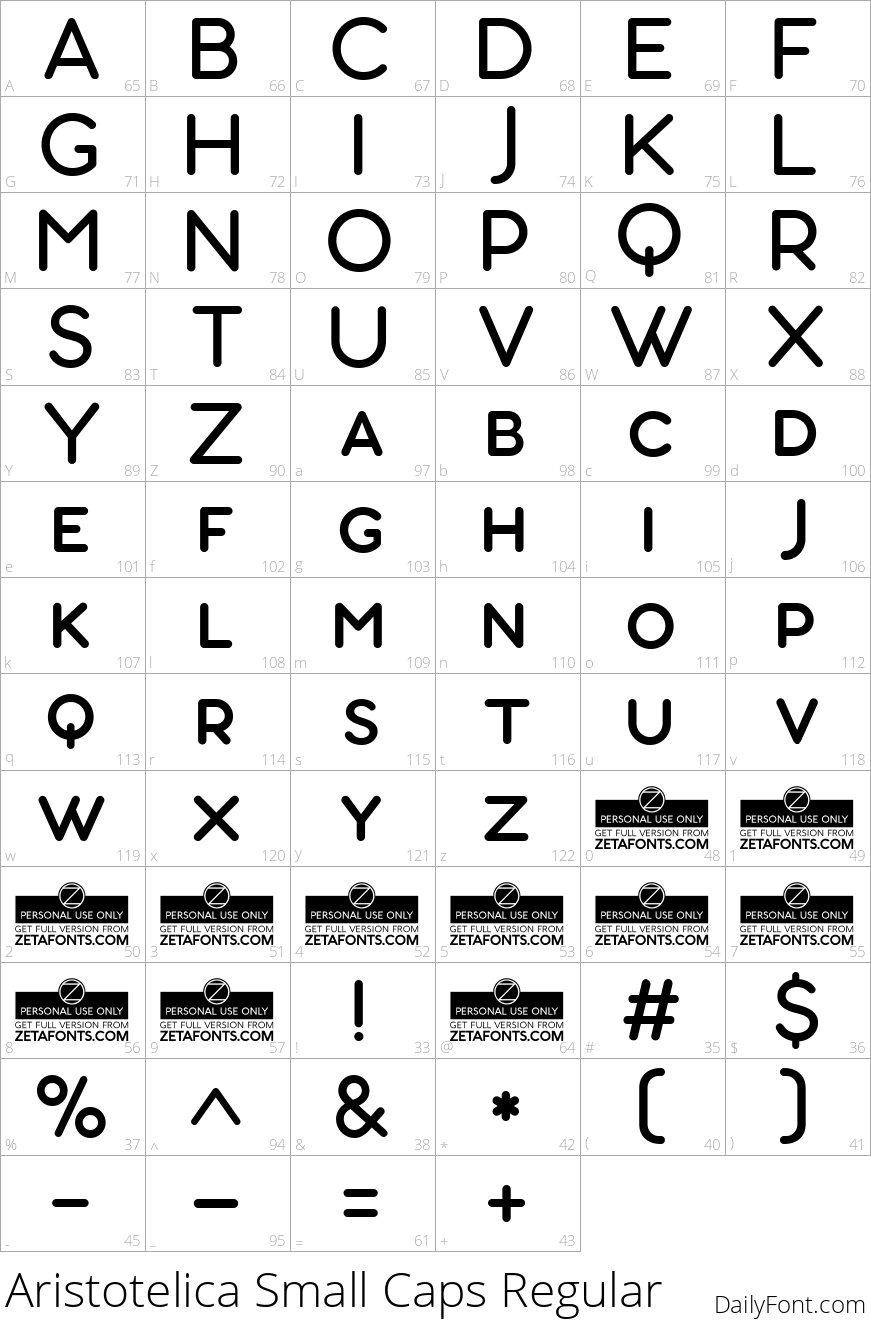 Aristotelica Small Caps Regular character map