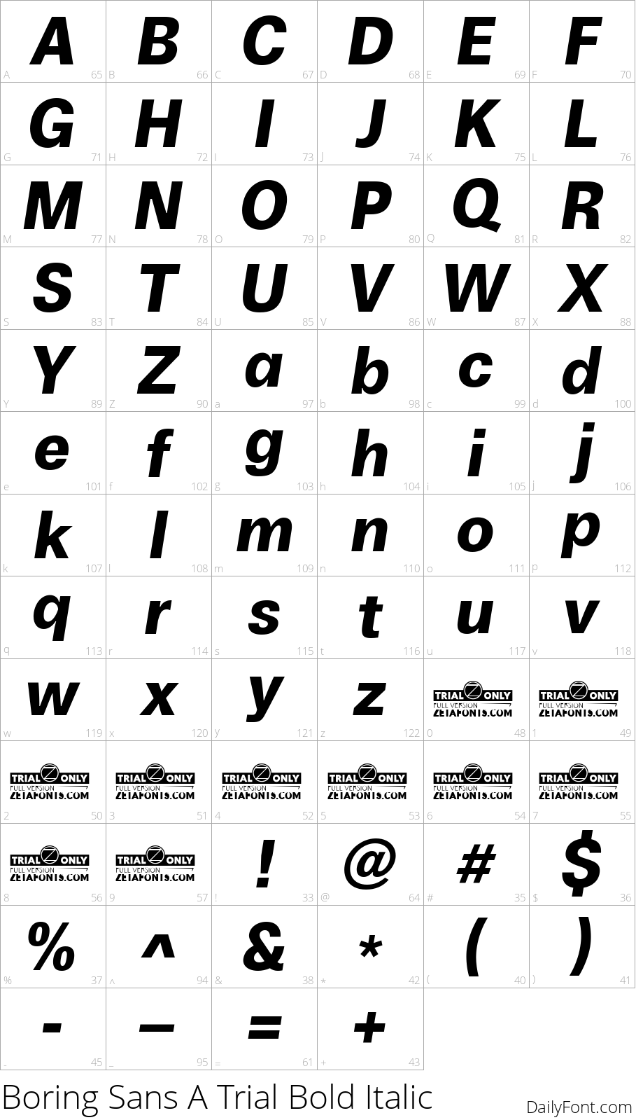 Boring Sans A Trial Bold Italic character map