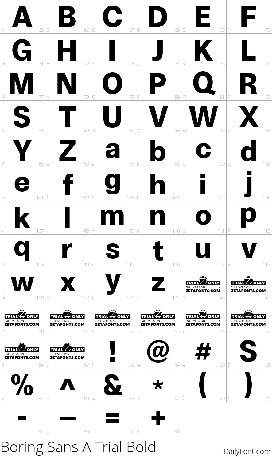 Boring Sans A Trial Bold character map