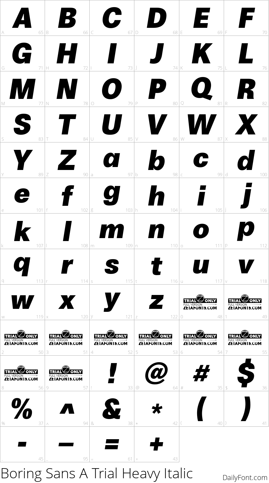 Boring Sans A Trial Heavy Italic character map