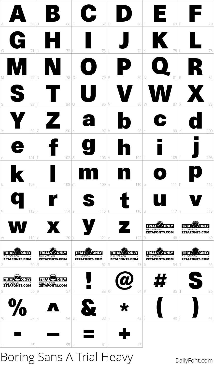 Boring Sans A Trial Heavy character map