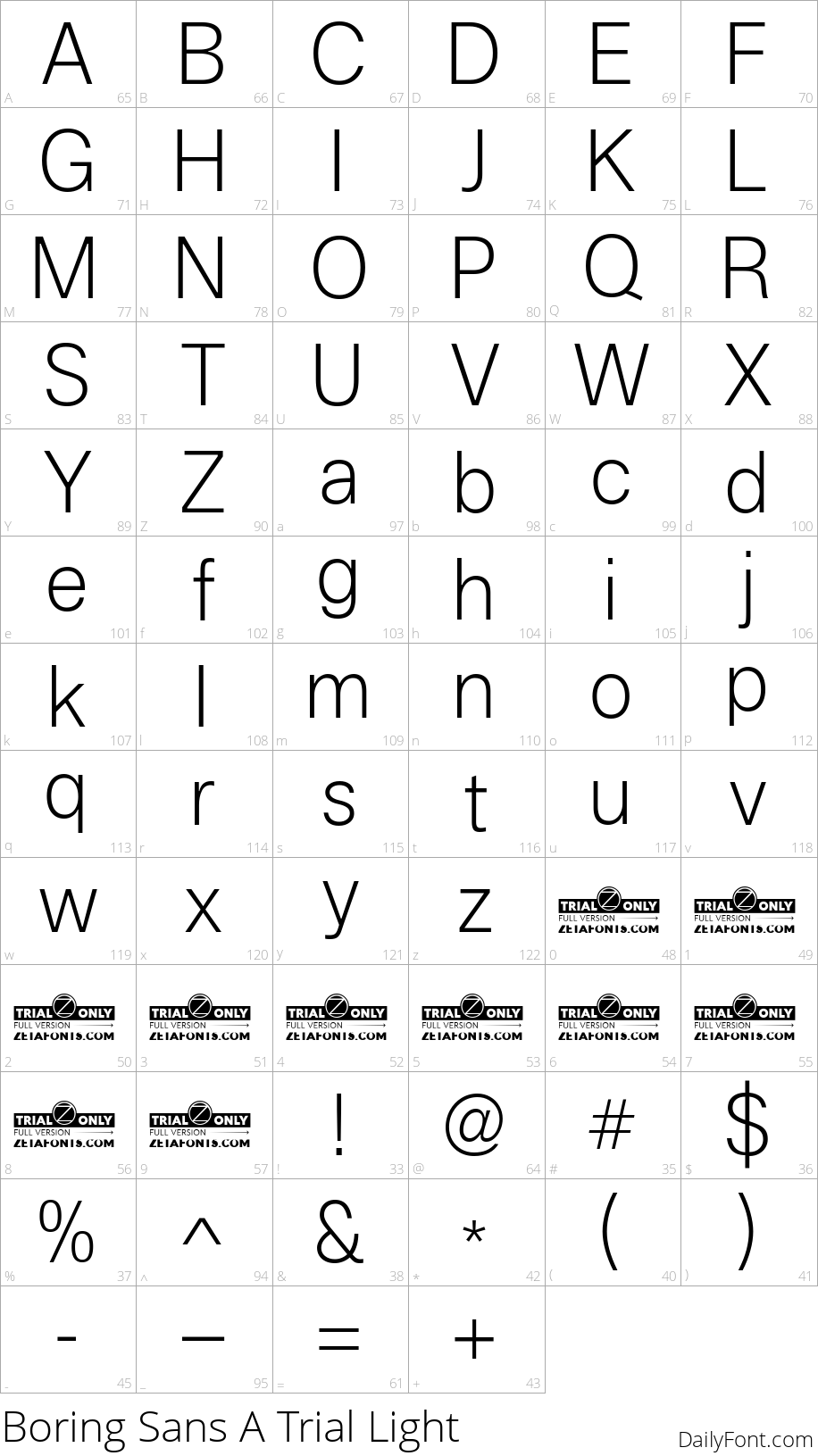 Boring Sans A Trial Light character map