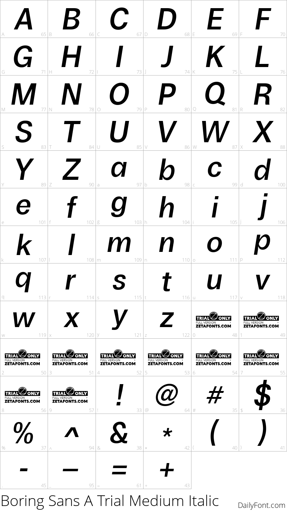 Boring Sans A Trial Medium Italic character map