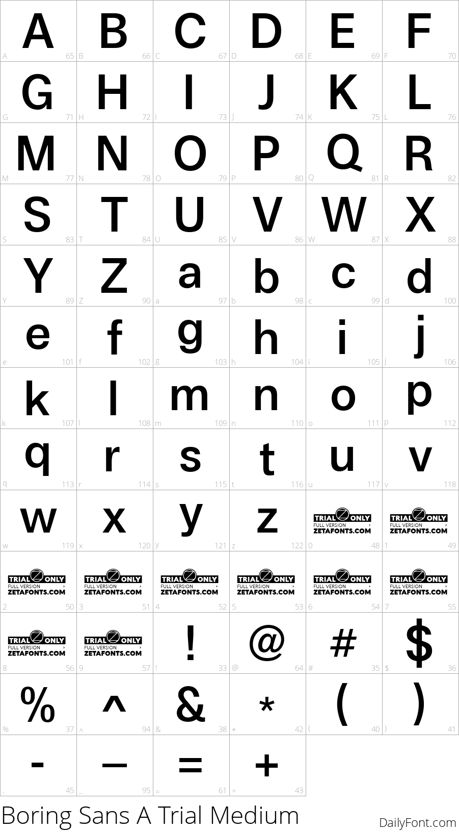 Boring Sans A Trial Medium character map