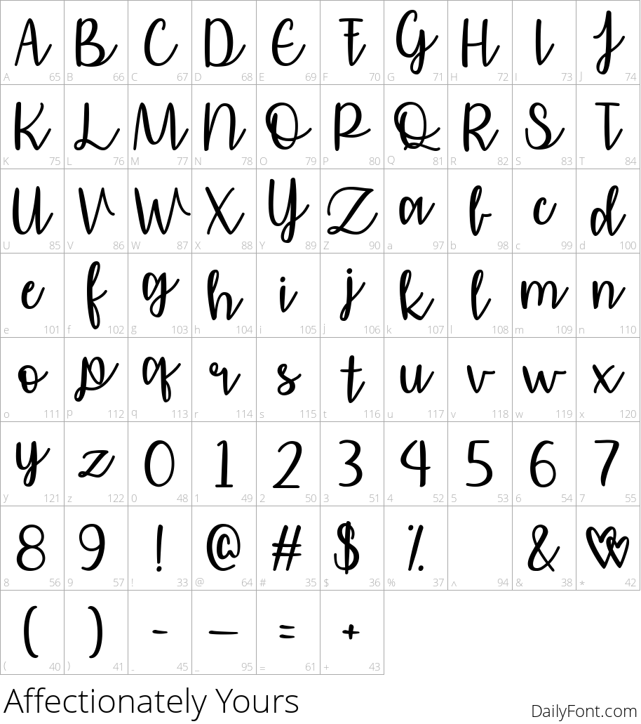 Affectionately Yours character map