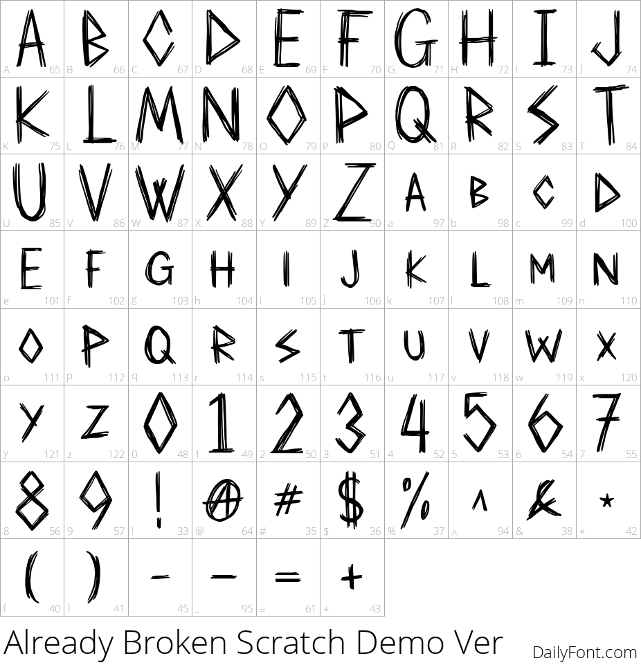 Already Broken Scratch Demo Ver character map