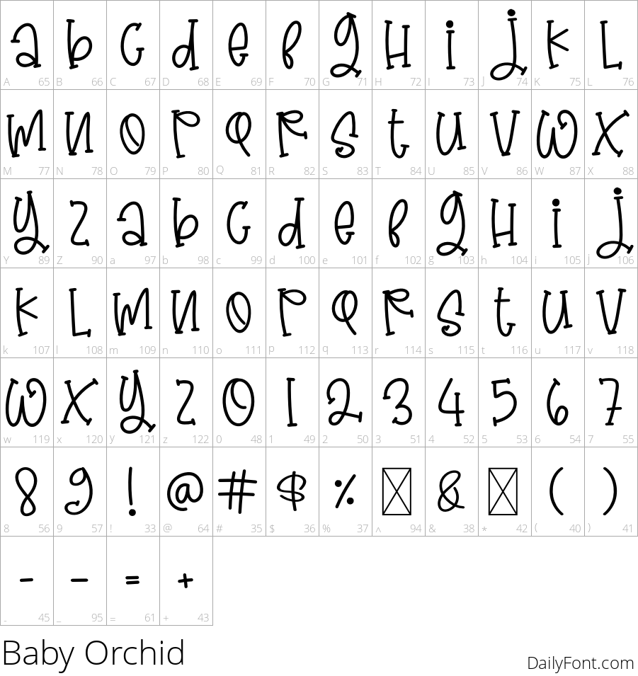 Baby Orchid character map