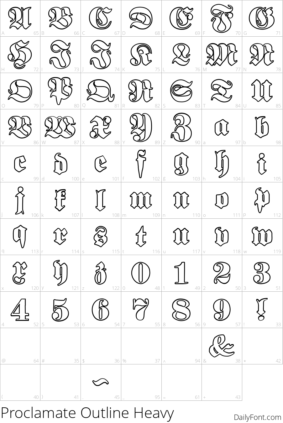Proclamate Outline Heavy character map