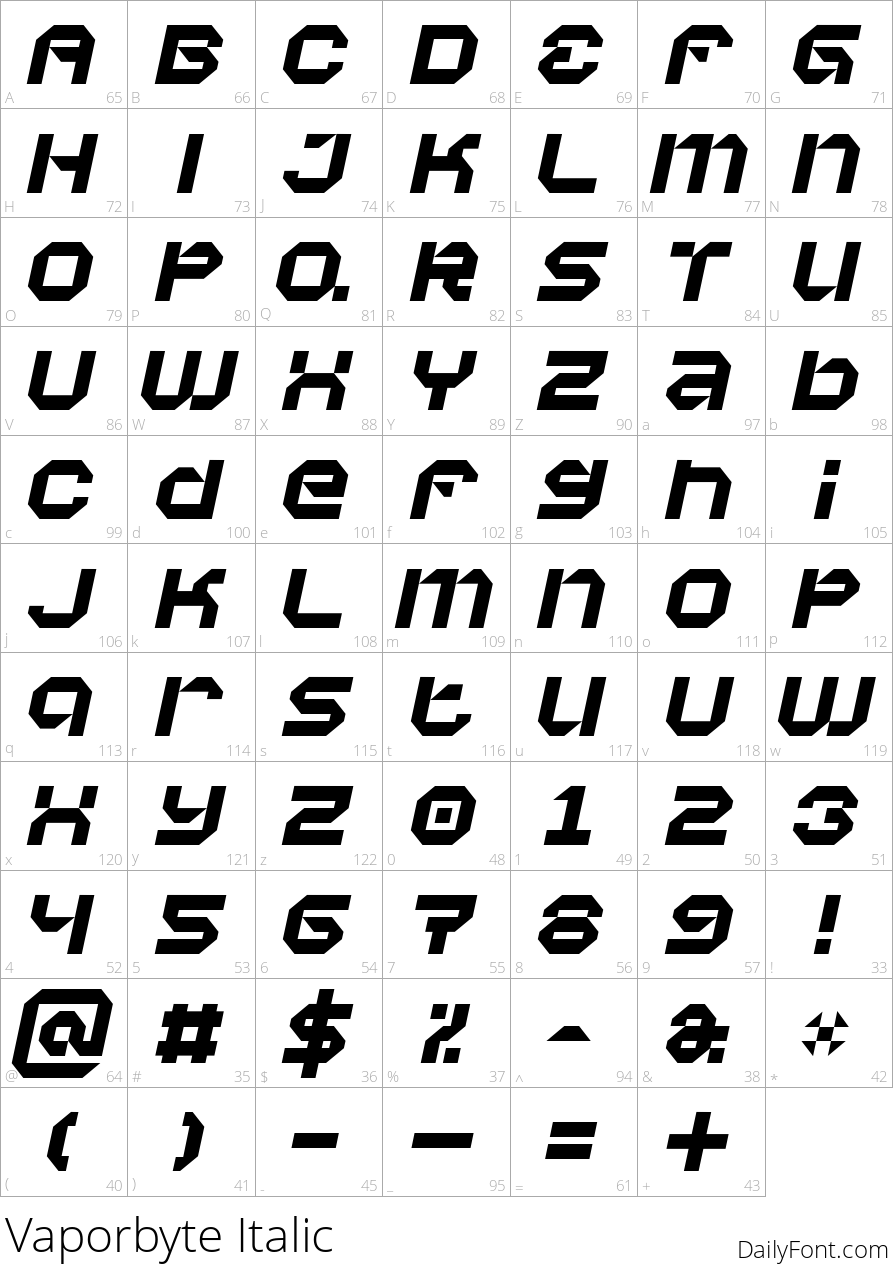 Vaporbyte Italic character map