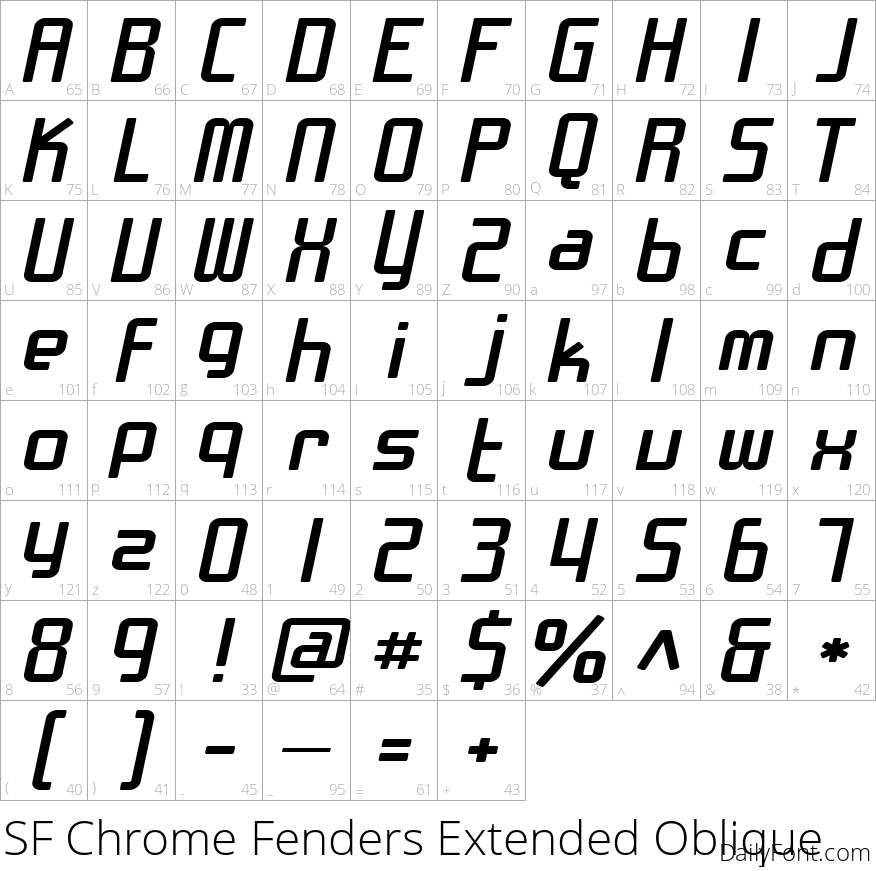 SF Chrome Fenders Extended Oblique character map