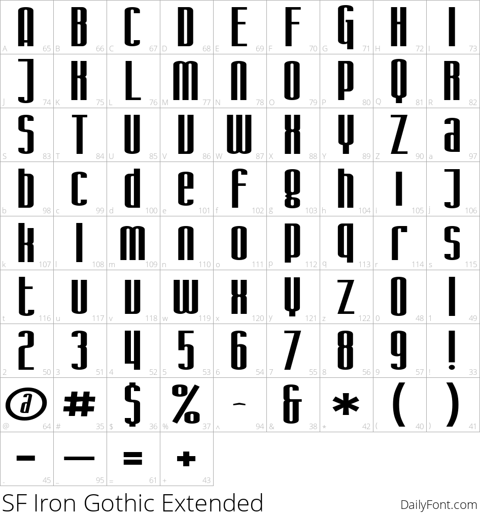 SF Iron Gothic Extended character map