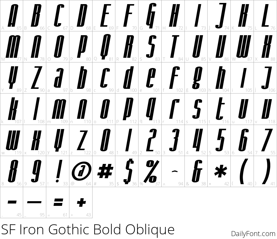 SF Iron Gothic Bold Oblique character map