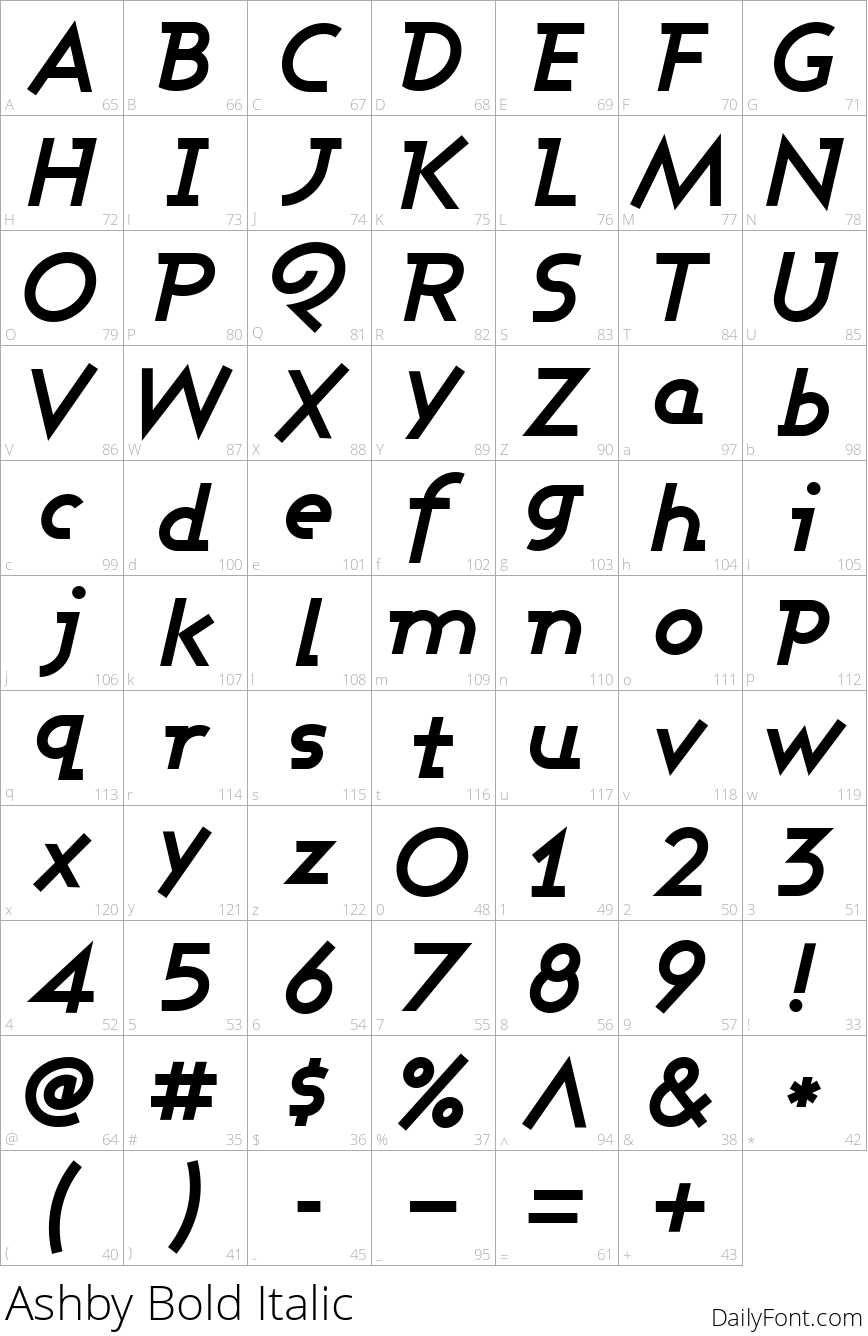Ashby Bold Italic character map