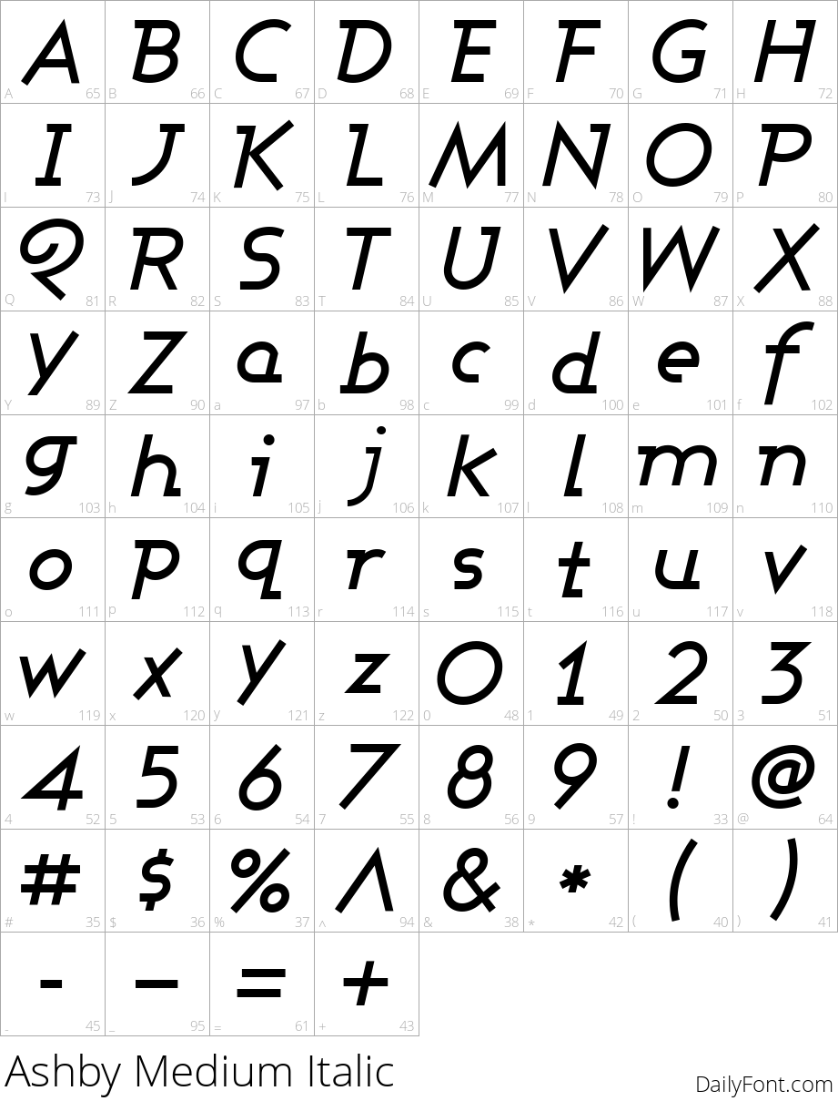 Ashby Medium Italic character map