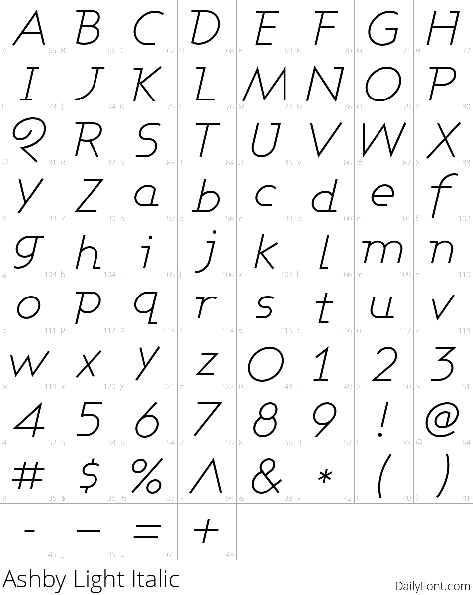 Ashby Light Italic character map