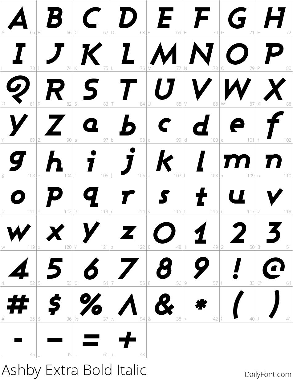 Ashby Extra Bold Italic character map