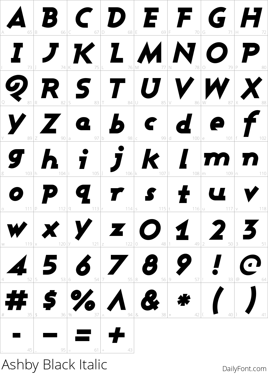 Ashby Black Italic character map