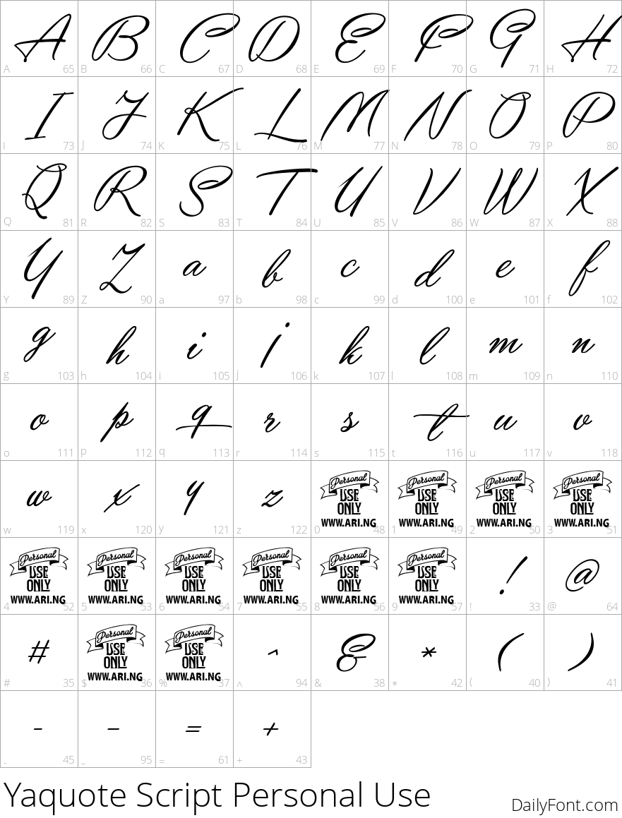 Yaquote Script Personal Use character map