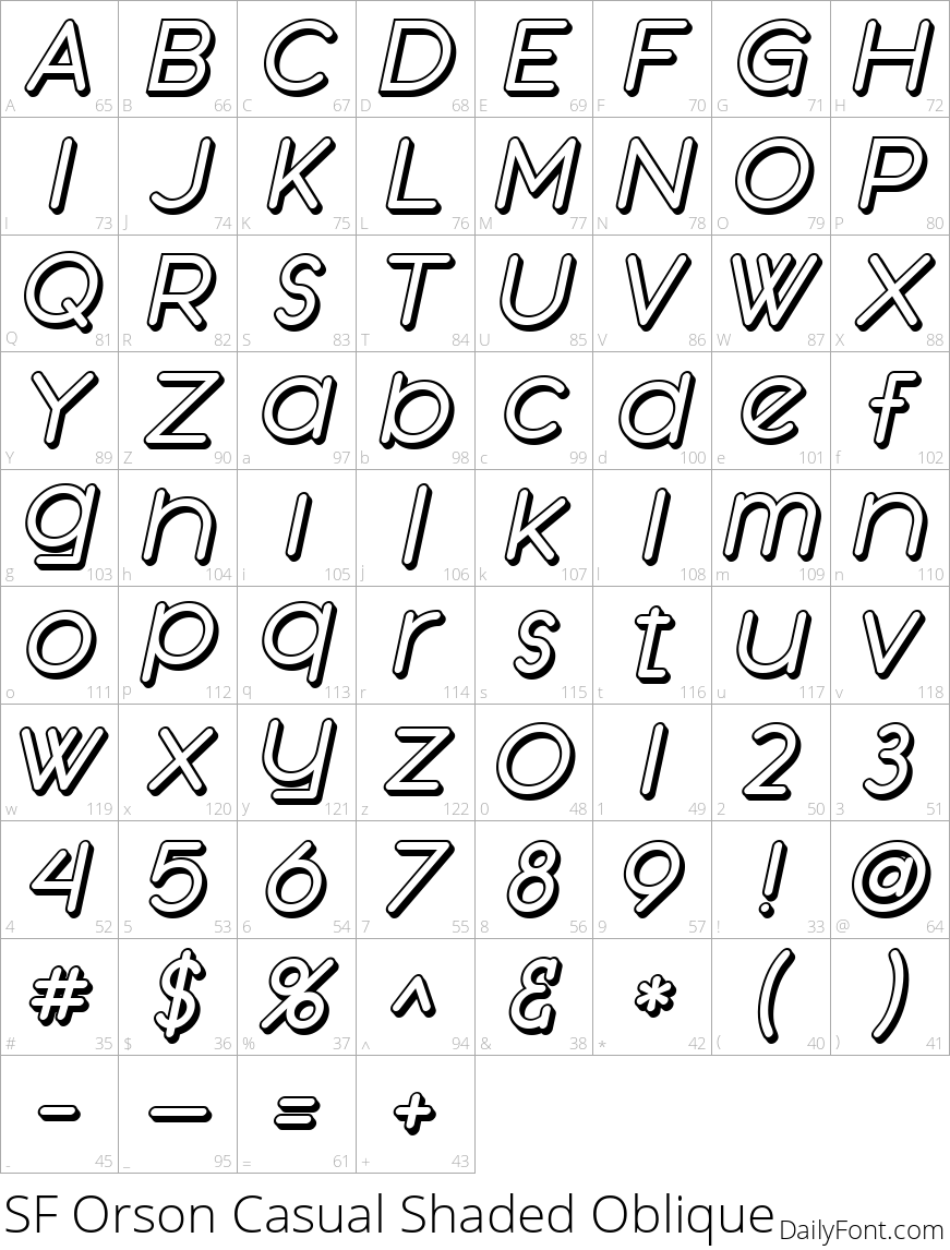 SF Orson Casual Shaded Oblique character map