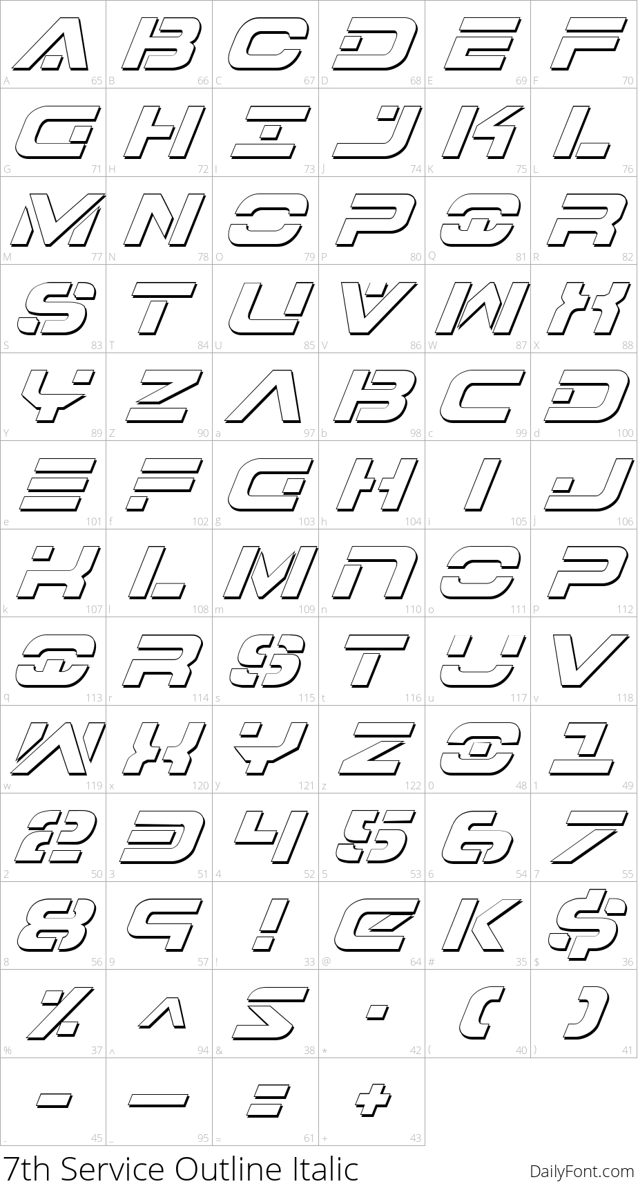 7th Service Outline Italic character map