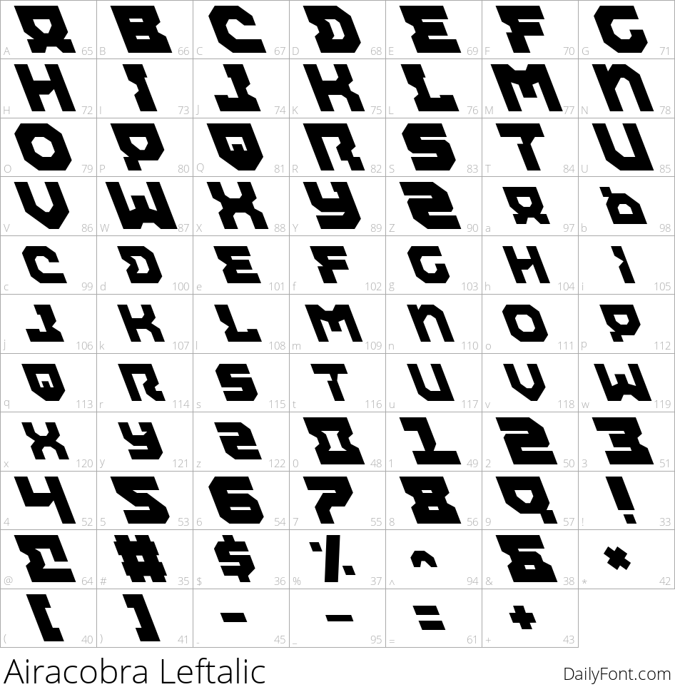 Airacobra Leftalic character map