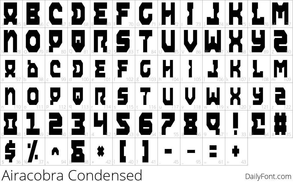 Airacobra Condensed character map