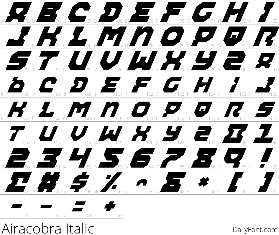 Airacobra Italic character map