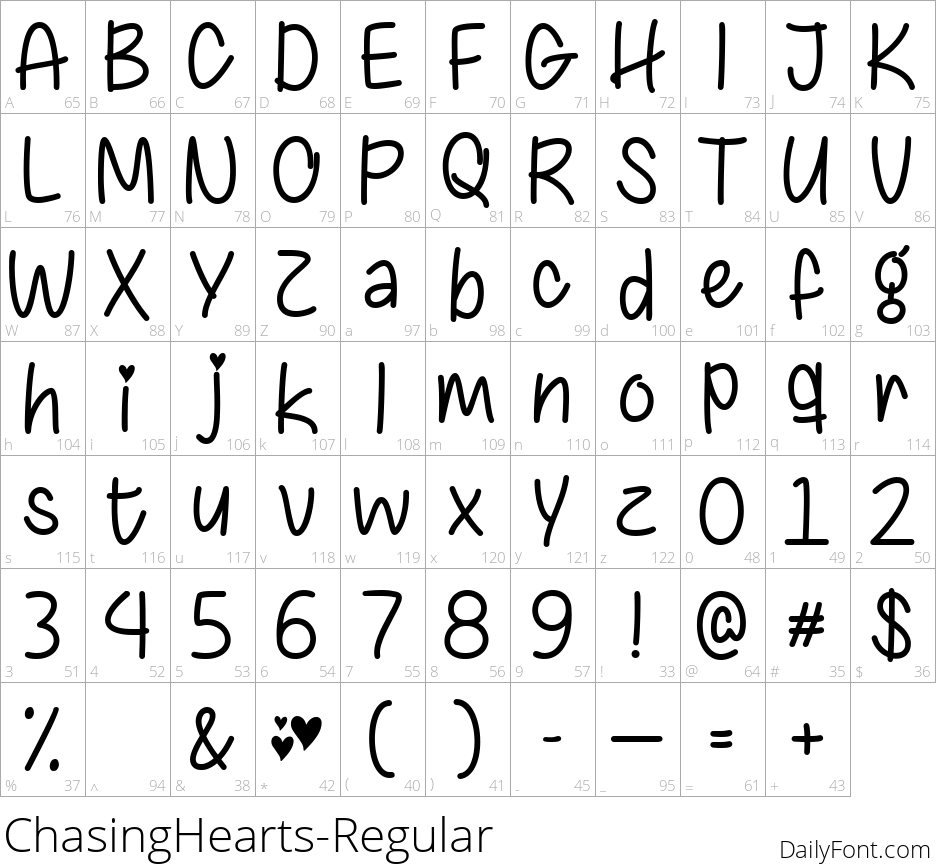 ChasingHearts-Regular character map